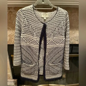 LUCKY BRAND tweed cream blue geometric Aztec Southwstrn fringe cardigan jacket M